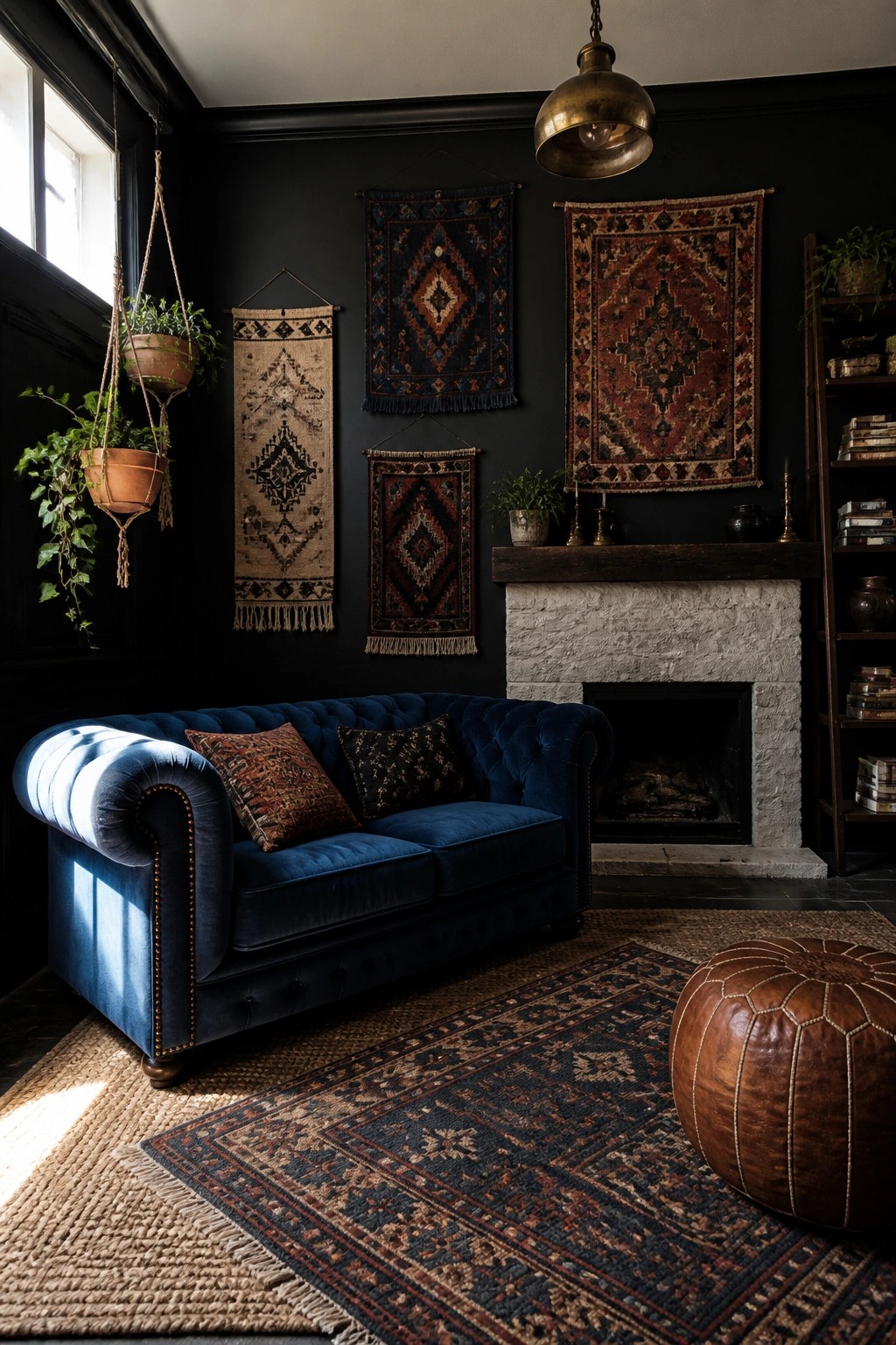 A blue velvet tufted sofa in a dark living room with a stone fireplace, layered patterned rugs, wall tapestries, and hanging plants.
