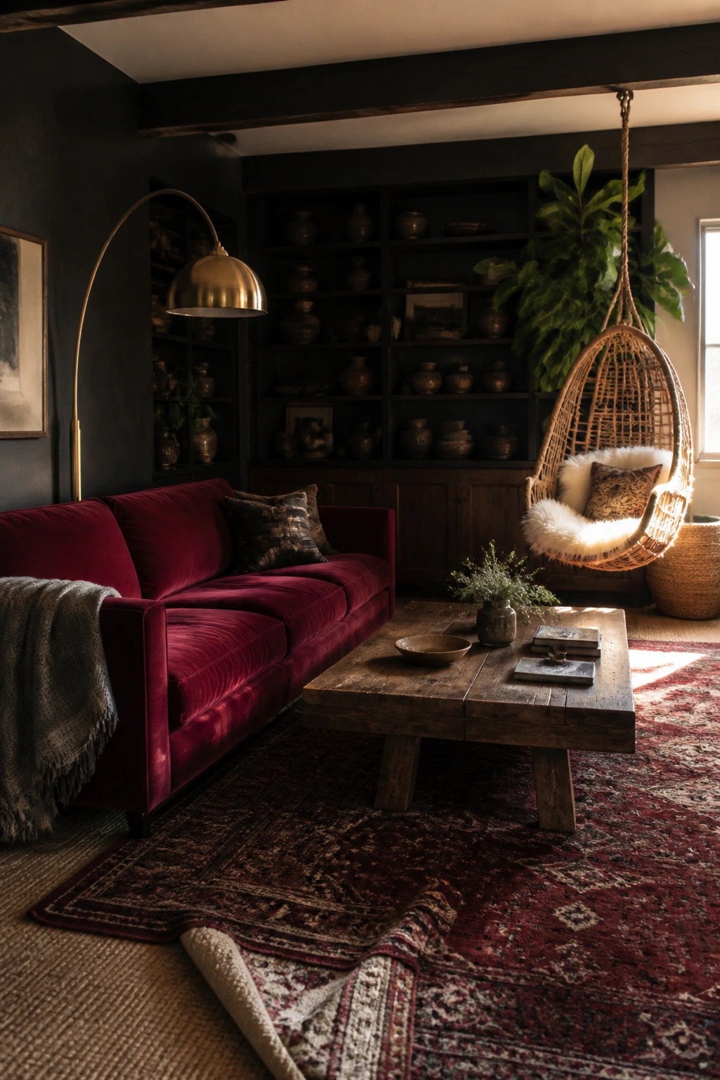 A living room with dark walls features a red velvet sofa, a wooden coffee table on a red patterned rug, and a hanging wicker chair with a plant nearby.
