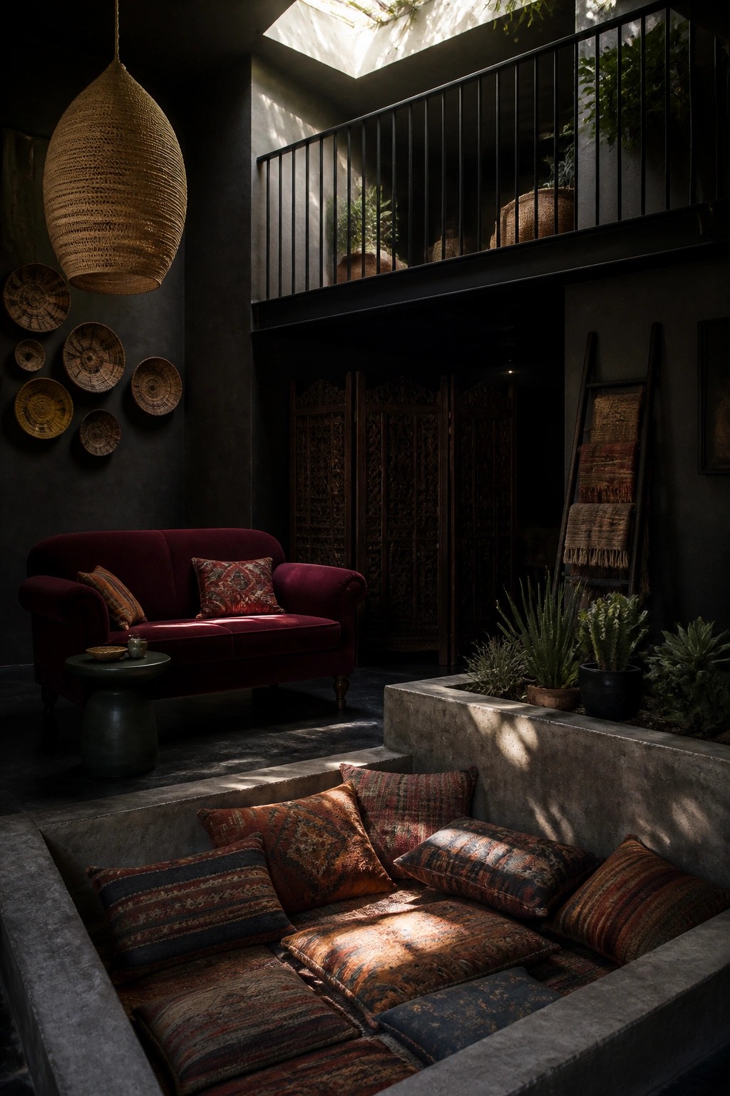A dark interior living room with a red velvet sofa, woven pendant light, carved wood screen, and a concrete sunken seating area filled with patterned jewel-tone pillows.