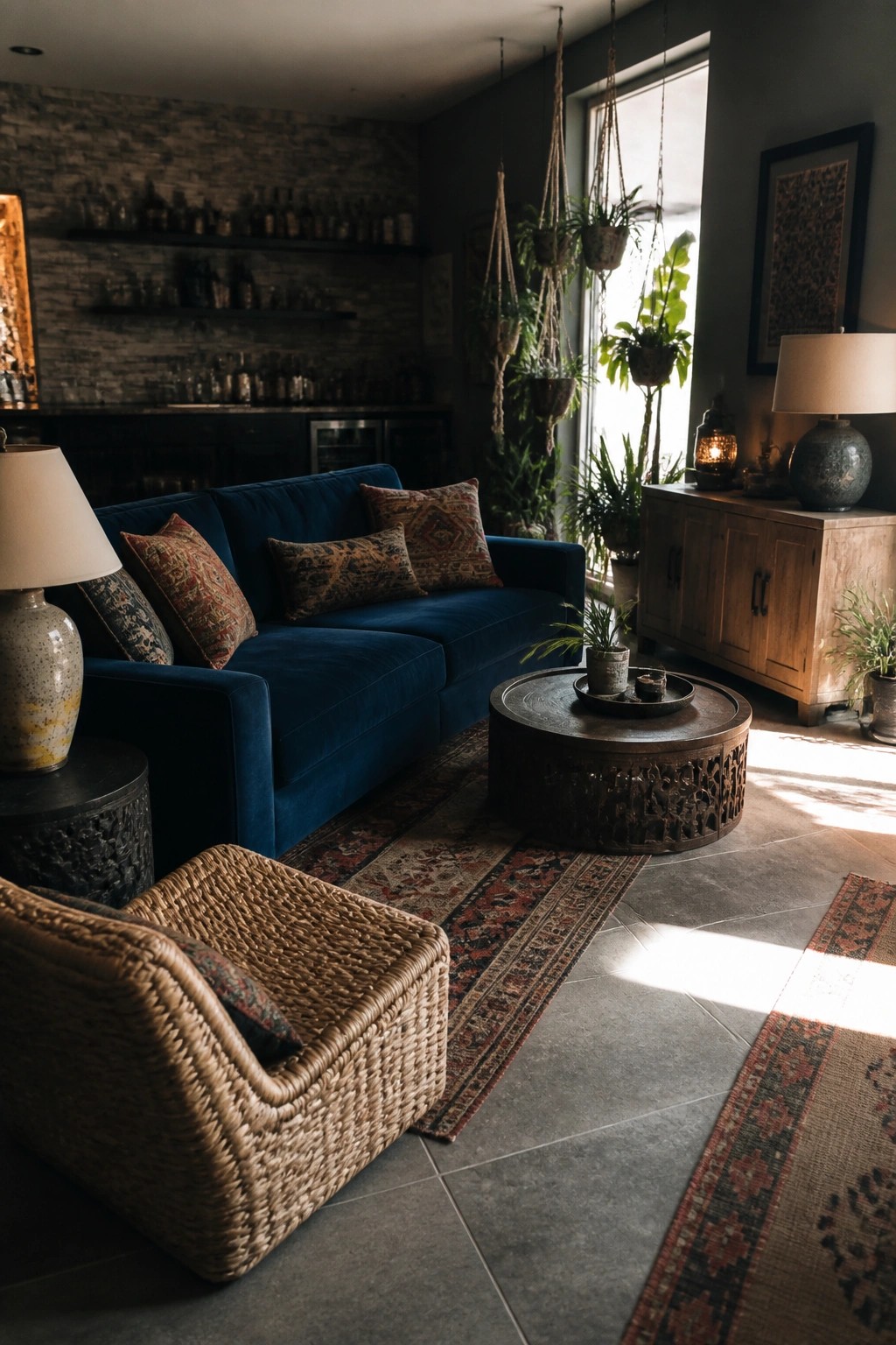 A living room featuring a blue velvet sofa with patterned pillows, a round wooden coffee table, a wicker chair in the foreground, hanging plants near a large window, and a wooden sideboard.