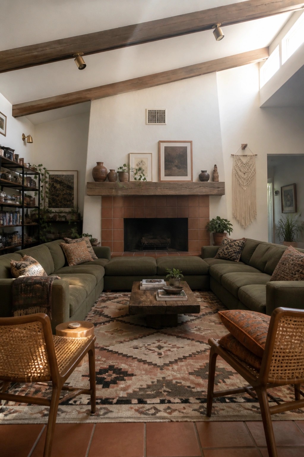 A living room with an olive green sectional sofa arranged around a wooden coffee table on a patterned rug, facing a terracotta fireplace.