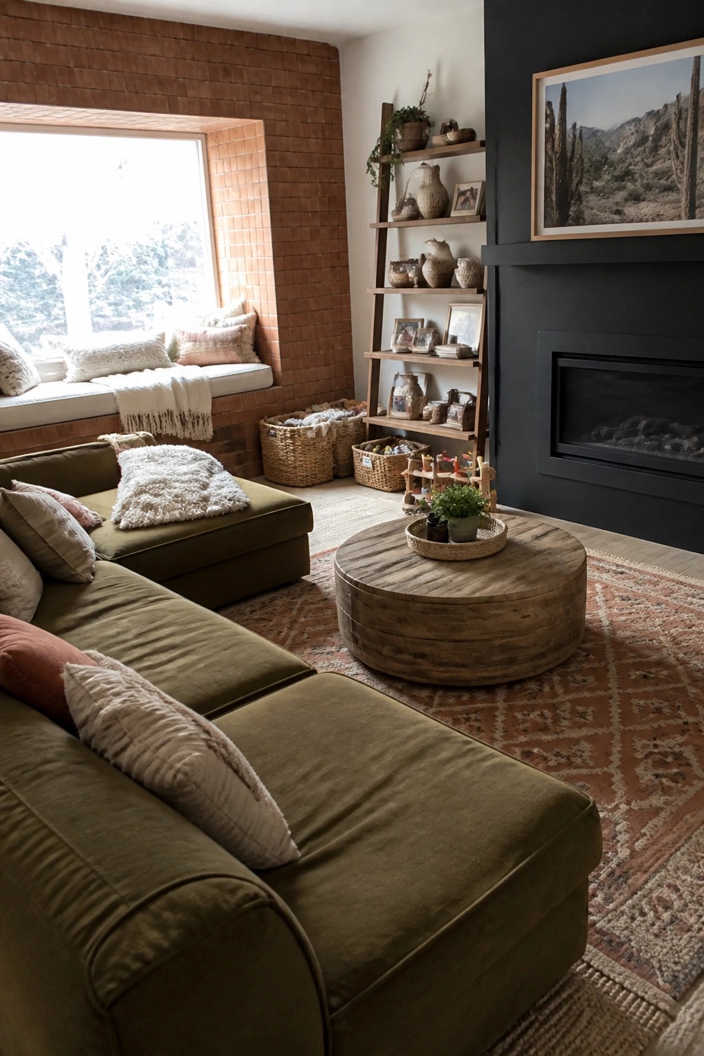 Living room interior showing an olive green sectional sofa, round wood coffee table on a patterned rug, and a window seat framed by terracotta tiles beside a dark fireplace.