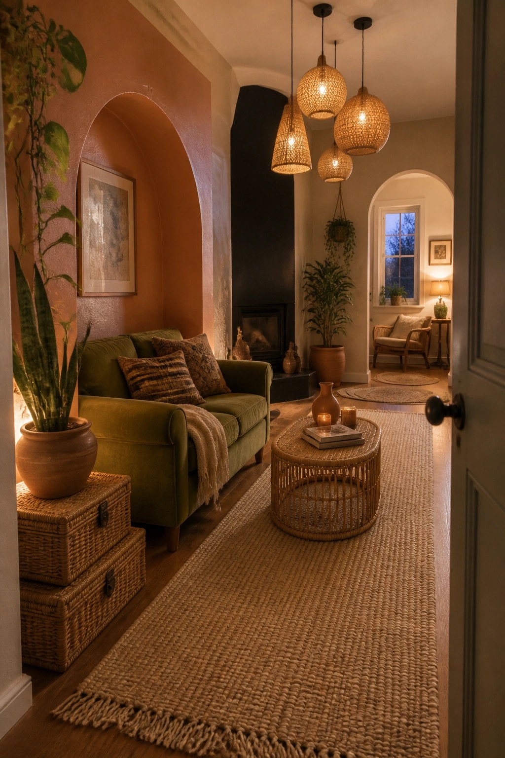 A living room with terracotta walls, an olive green sofa, multiple woven pendant lights, a rattan coffee table on a long jute rug, and potted plants.