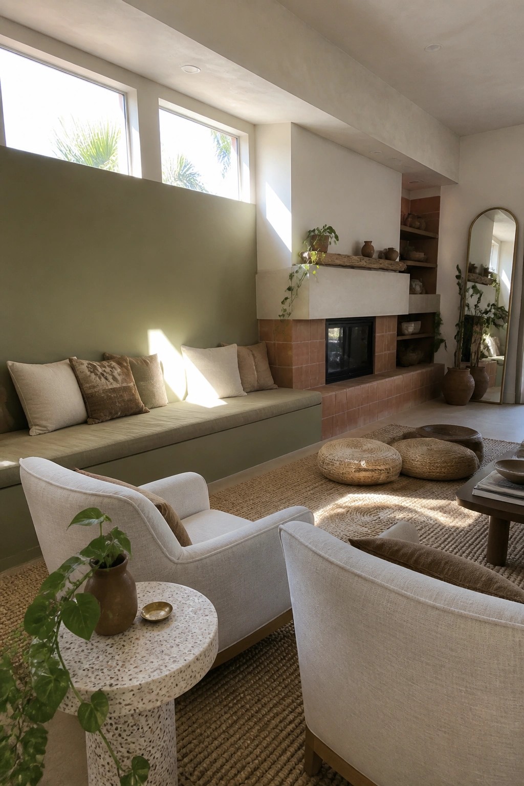 A living room interior showing a long built-in bench with cushions under three windows, a terracotta fireplace to the right, and two light-colored armchairs on a woven rug.