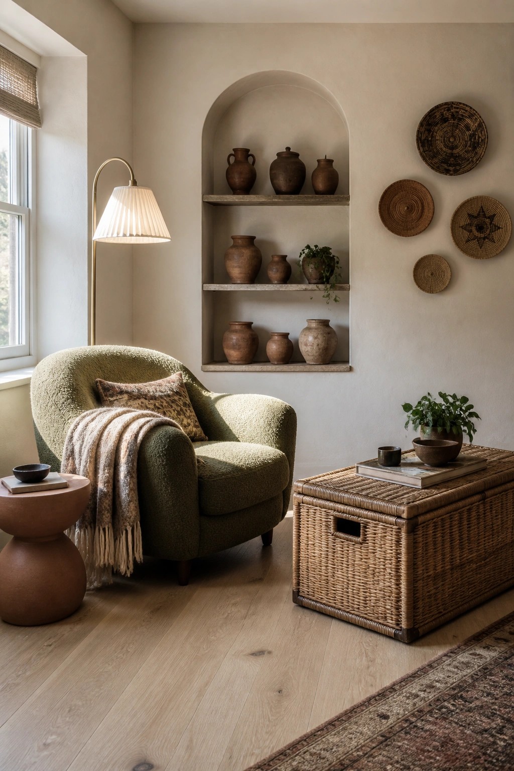 A living room corner with a green armchair next to an arched built-in shelf unit displaying terracotta pottery and a small plant, plus a woven trunk in the foreground.