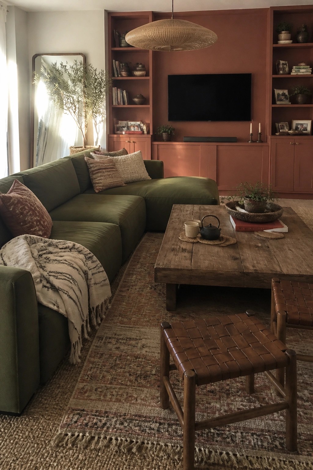 A living room featuring a green sectional sofa, wooden coffee table, and terracotta built-in wall unit with shelves and a mounted television.
