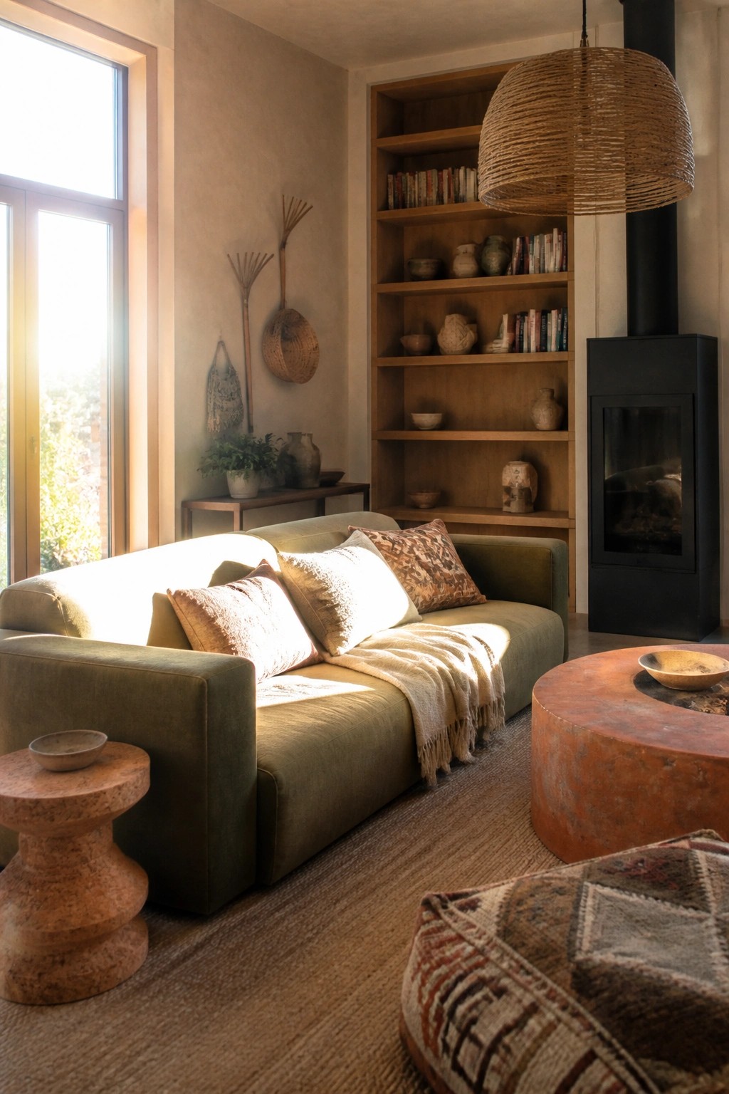 Sunlit living room with olive sofa, wooden bookshelf, black fireplace, and rustic accents