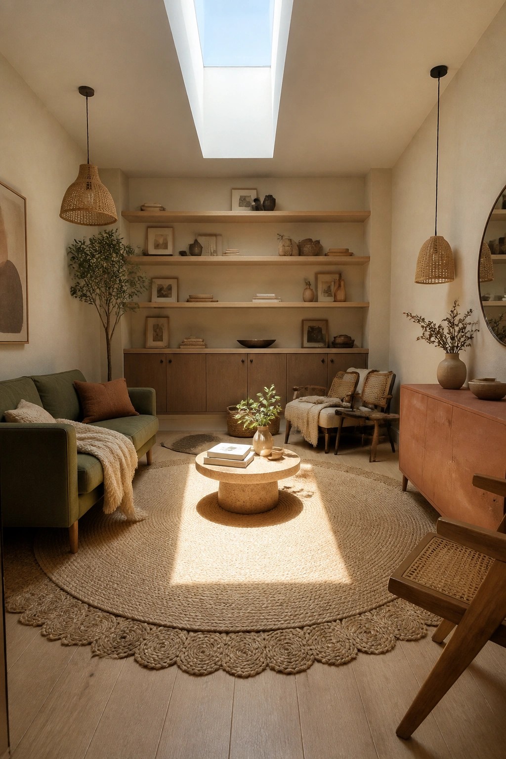 A living room with a full wall of light wood built-in shelves above closed cabinets, a green sofa on the left, a round jute rug in the center, and a skylight above.