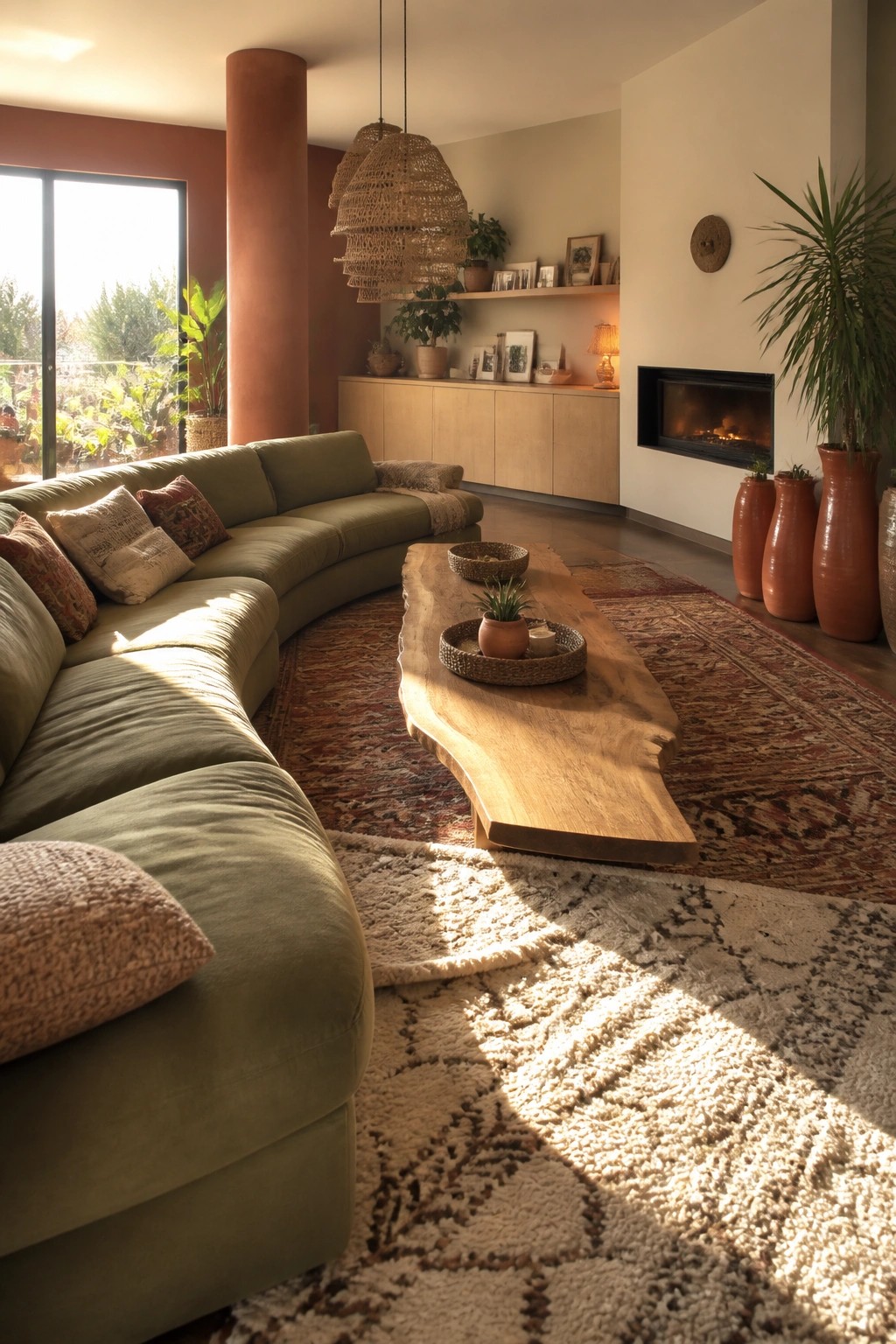 Living room with a curved olive green sectional sofa, live edge wooden coffee table on layered rugs, and terracotta vases beside a fireplace.