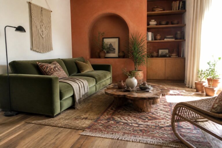 Cozy living room with terracotta walls, green velvet sofa, wooden table, and woven rug.