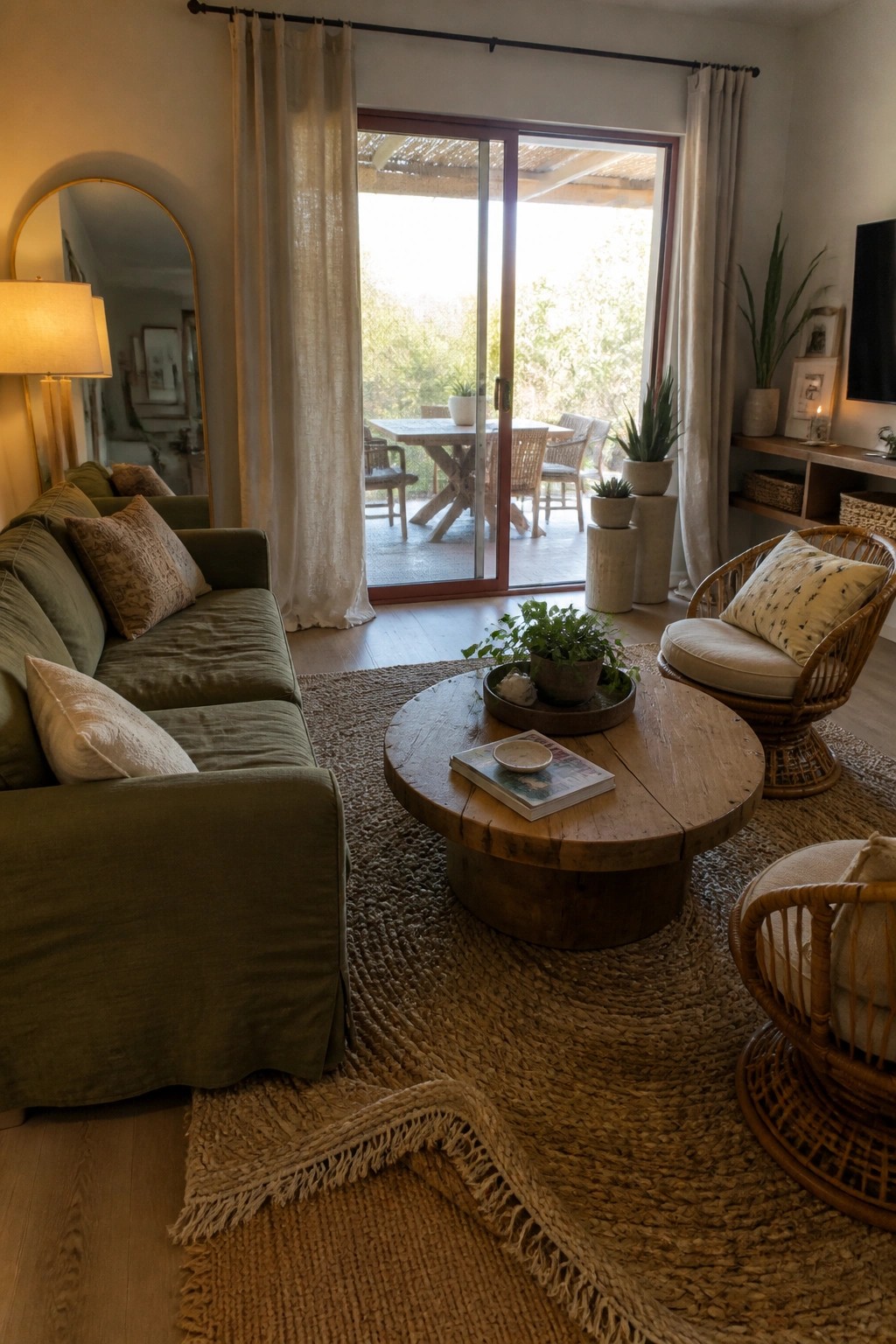 Cozy living room with green sofa, round wooden table, jute rug, and wicker chairs.