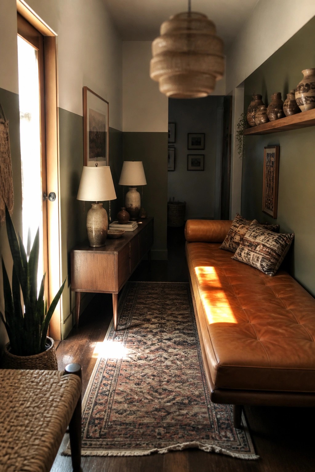 A narrow interior hallway featuring a brown leather daybed along the right wall, a wooden console with lamps on the left, a patterned runner rug, and olive green walls with pottery accents.