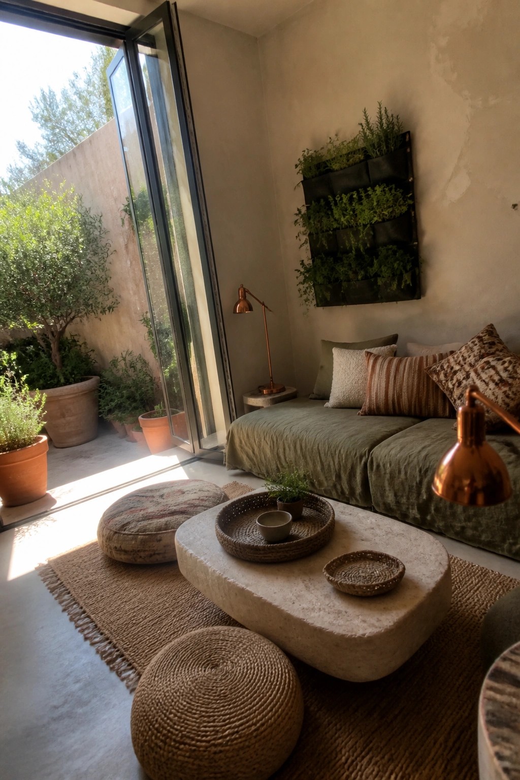 Interior view of a living room with a large irregular stone coffee table on a jute rug, surrounded by woven poufs, a green daybed with pillows, copper lamps, and an open glass door leading to a patio with terracotta pots.