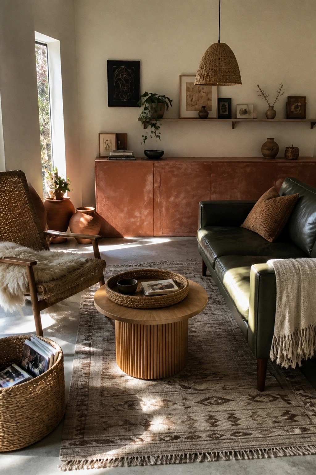 A living room with a long terracotta cabinet against a light wall, a green leather sofa, a round wooden coffee table on a patterned rug, and a woven chair near a window.