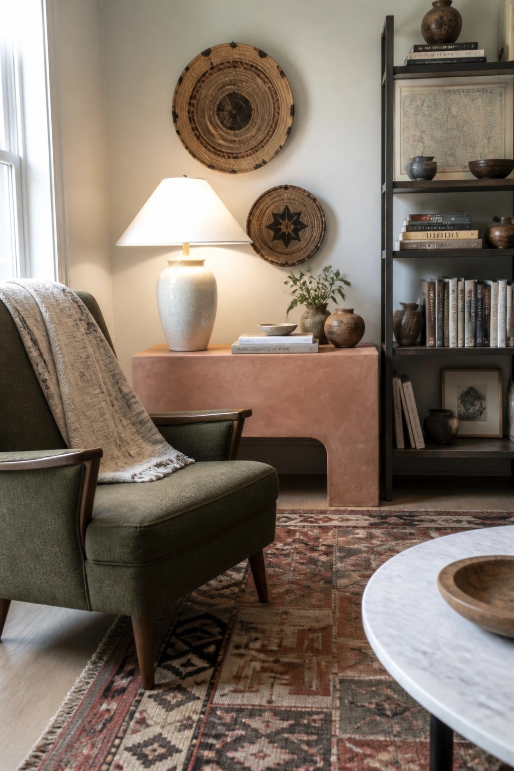 A green upholstered armchair with a beige throw sits beside a terracotta console table topped with a lamp and books, with two woven wall baskets above and a dark bookshelf to the right.