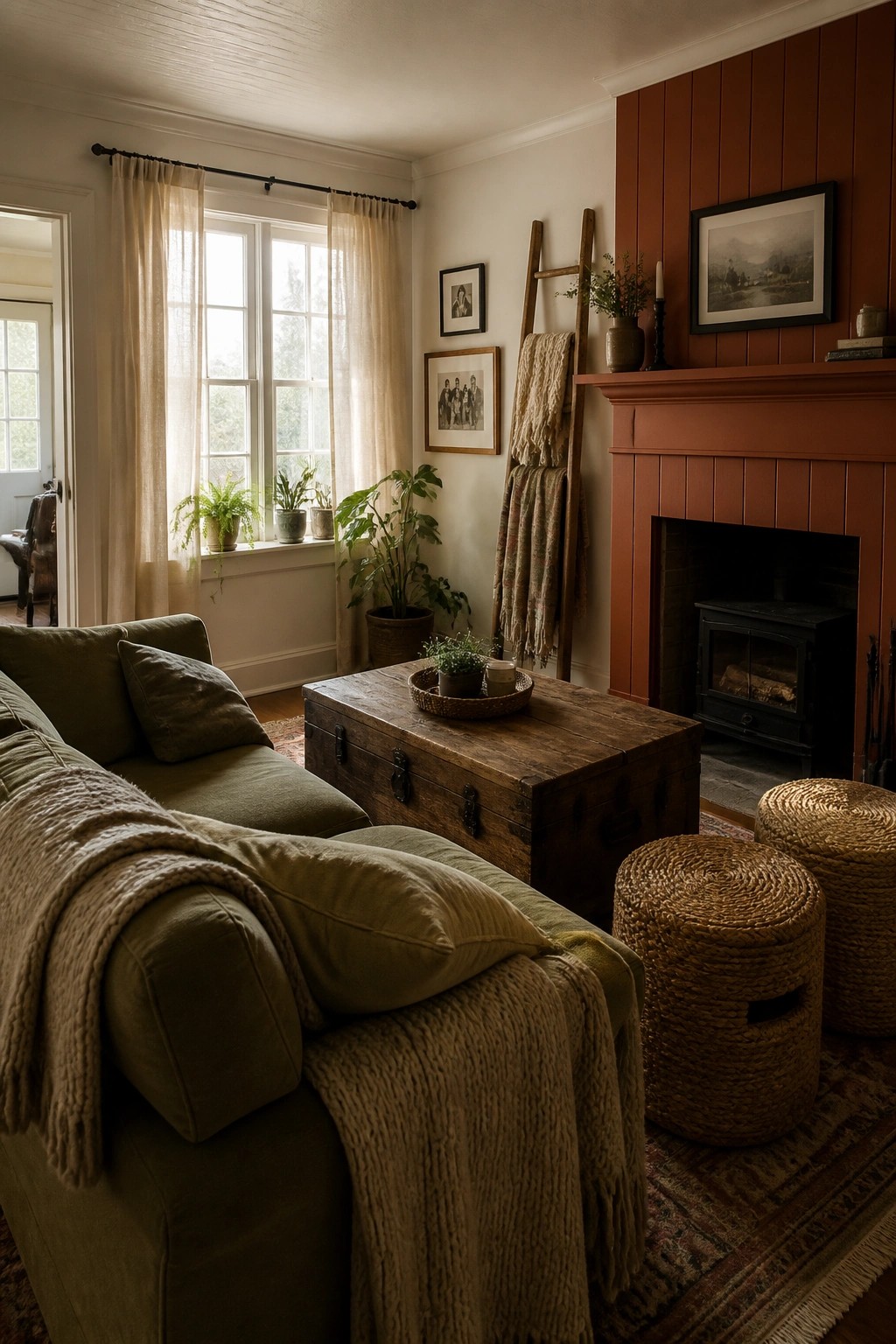 A living room featuring an olive green sofa, wooden trunk coffee table, woven stools, and a terracotta fireplace wall with a black wood stove.