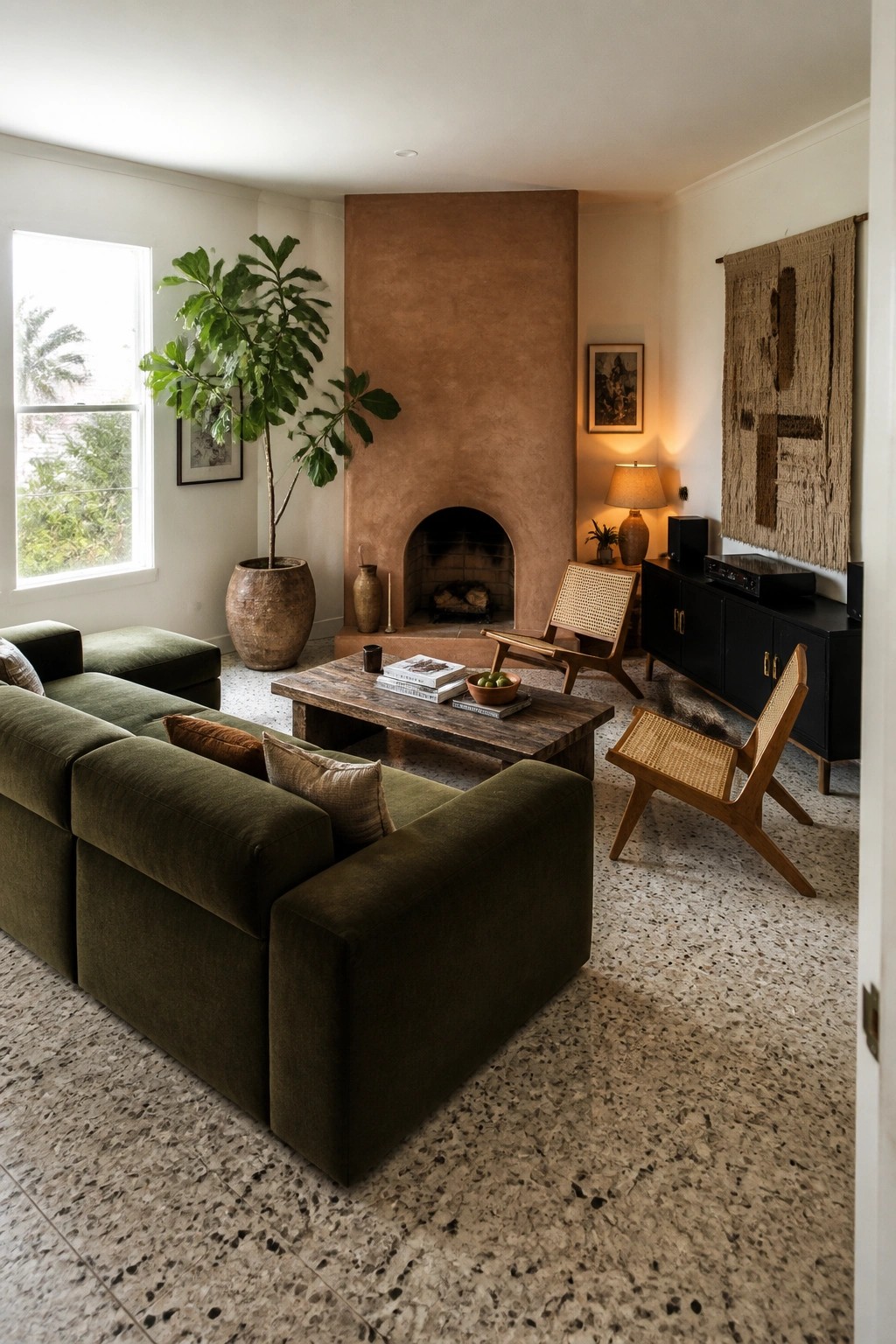 A living room featuring a large terracotta fireplace wall, an olive green sectional sofa, wooden chairs with cane backs, and a rustic coffee table on a terrazzo floor.