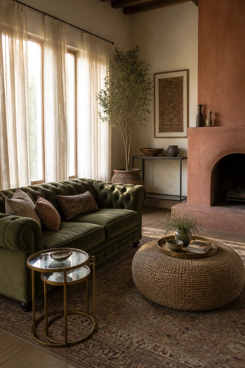 Living room with olive green tufted sofa, terracotta fireplace, woven ottoman, and large windows with sheer curtains.