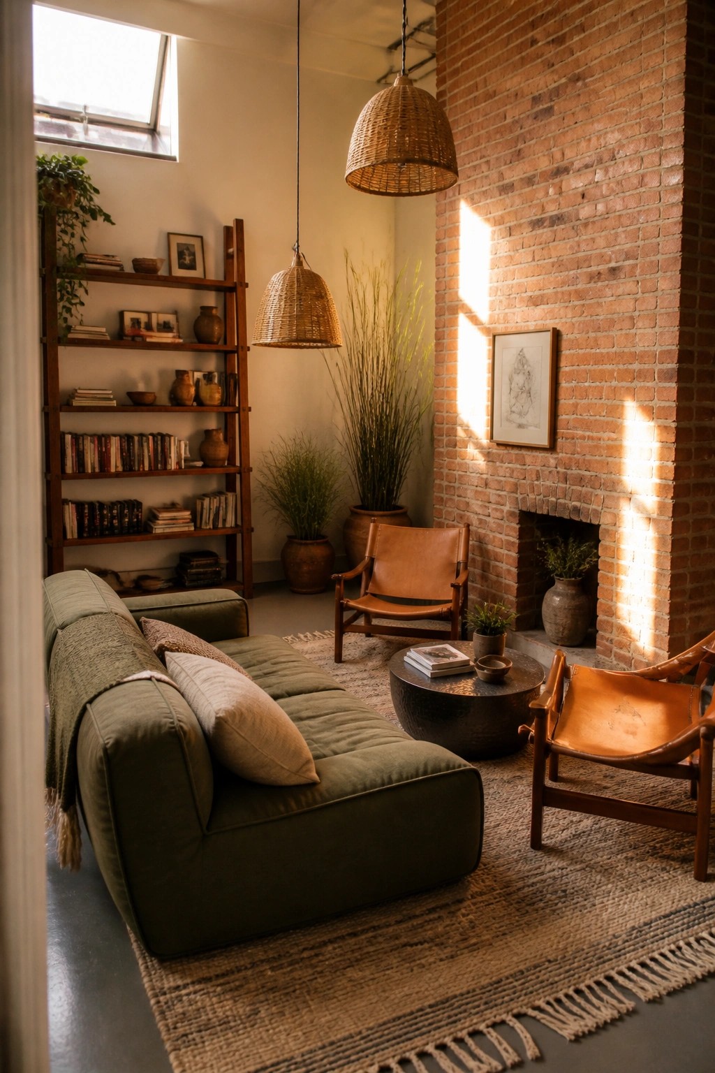 A living room featuring an olive green sofa, terracotta leather sling chairs, a round coffee table, a brick fireplace, and wooden bookshelves under woven pendant lights.