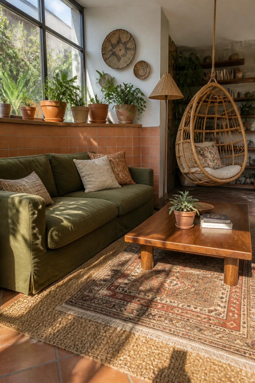 Living room interior with olive green sofa against terracotta tiled lower wall, wooden coffee table on layered rugs, and hanging rattan chair near window.