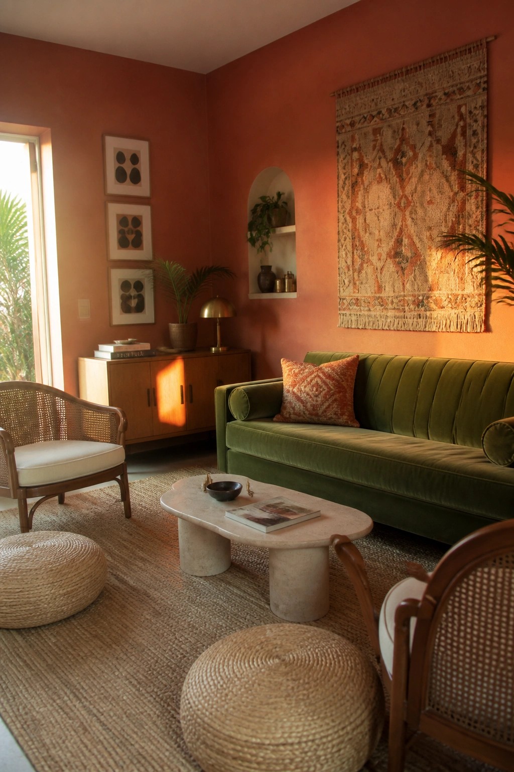 Sunlit living room with green velvet sofa, terracotta walls, marble table, and woven accents.