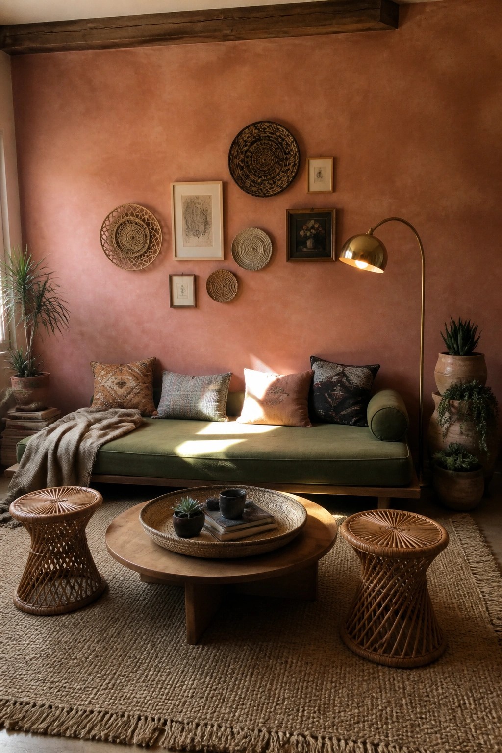 A living room featuring a green upholstered daybed against a terracotta wall with layered woven wall decor and framed art above it, plus a round wooden coffee table on a woven rug.