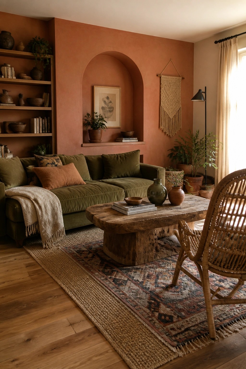 Cozy living room with terracotta walls, green velvet sofa, wooden table, and woven rug.