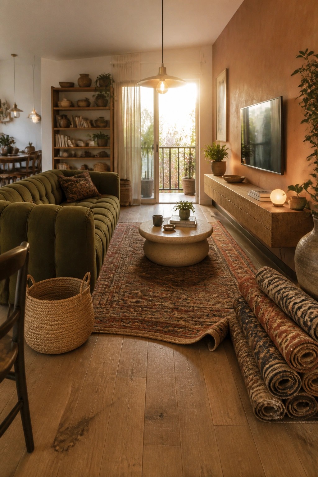 Cozy living room with green sofa, red patterned rug, round table and rolled rugs
