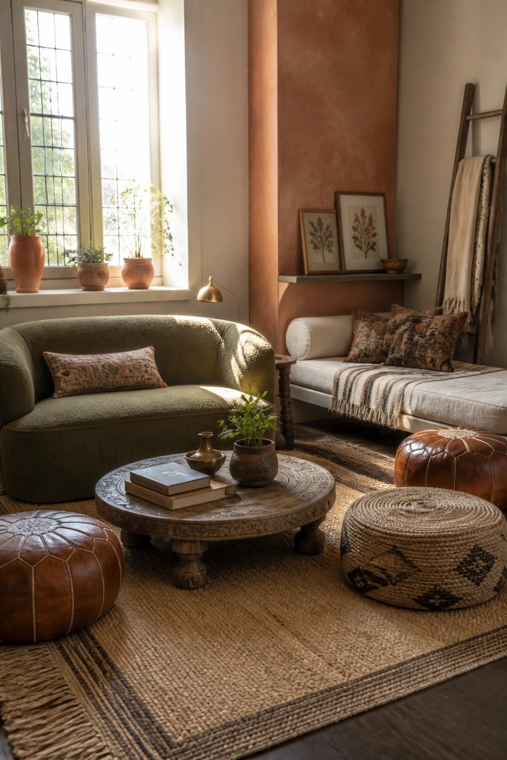 A living room with terracotta walls, an olive green sofa, a daybed, a round wooden coffee table, leather and woven poufs, and a large jute rug.