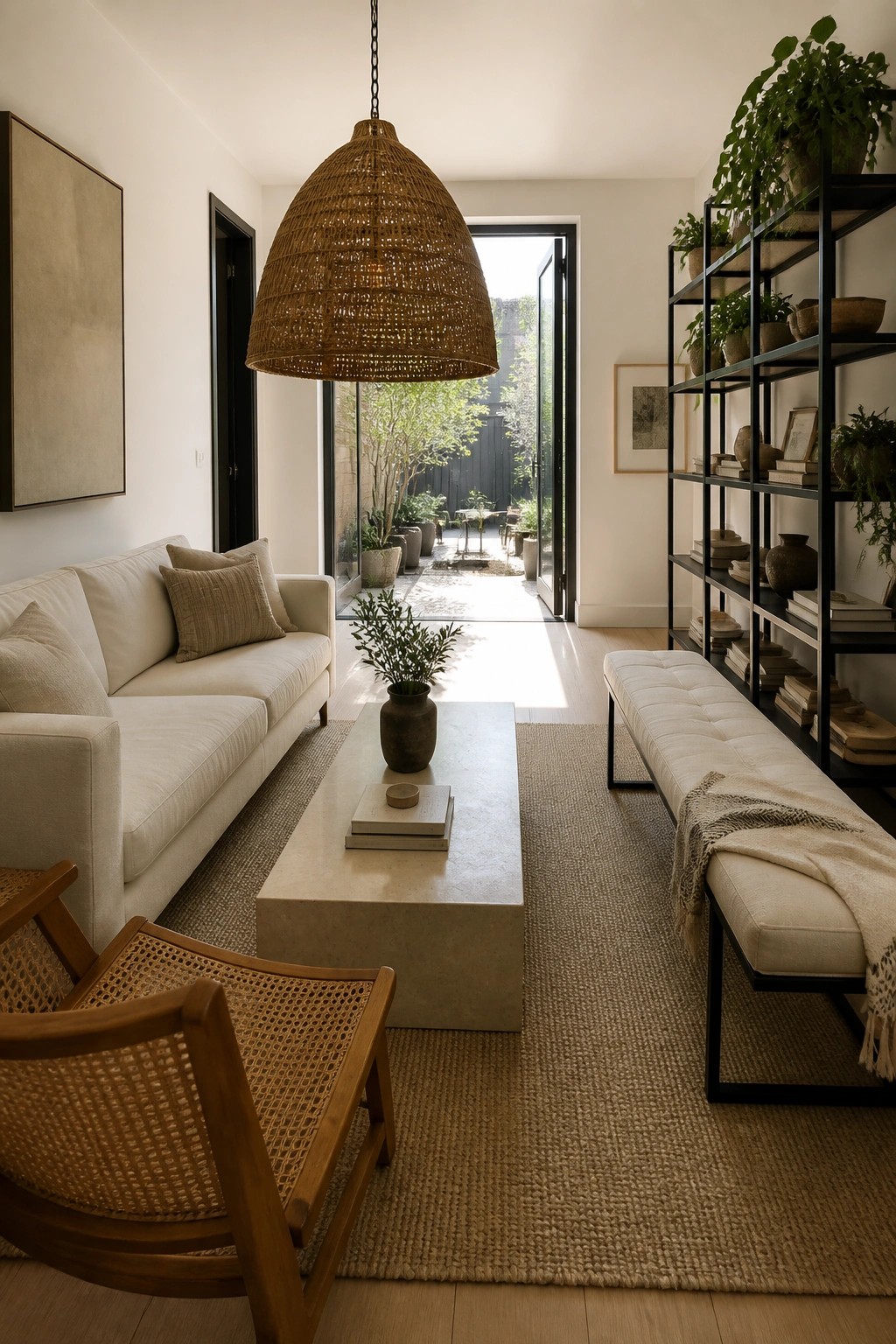 A modern living room with a white sofa, concrete coffee table, long upholstered bench, black metal shelving with plants, woven pendant light, and open glass doors to an outdoor area.