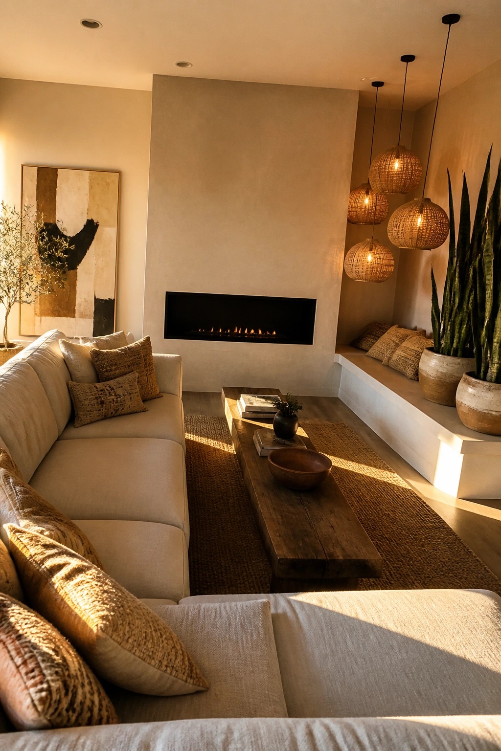 A spacious living room with a large beige sectional sofa, wooden coffee table on a woven rug, built-in bench seating, linear fireplace, and hanging woven pendant lights.