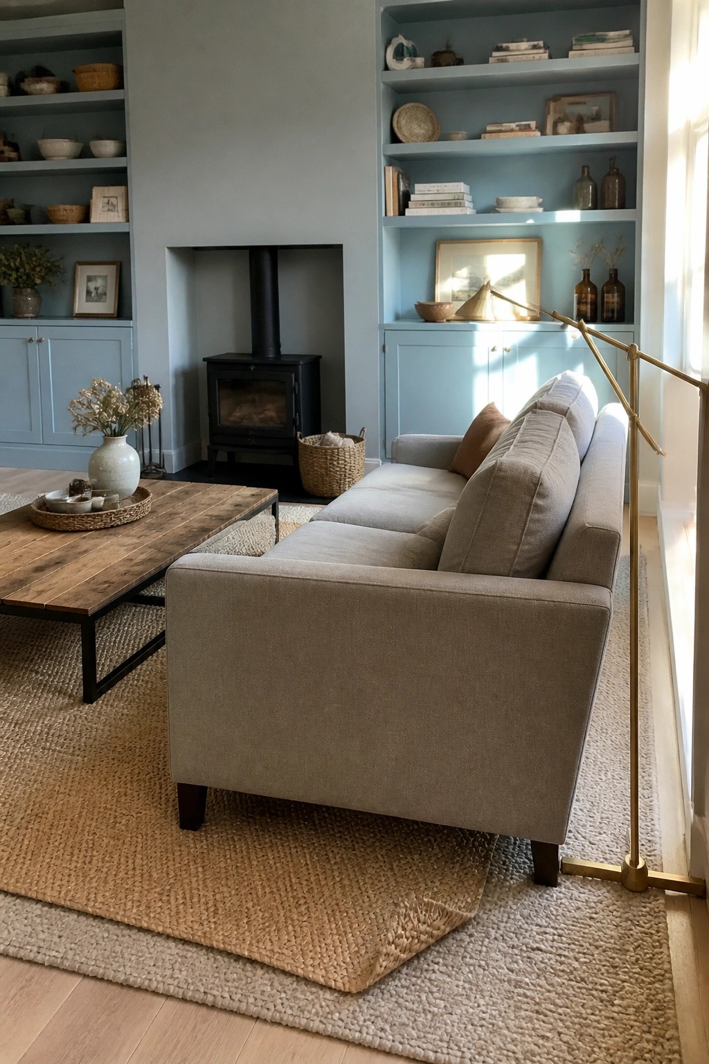 A living room with a beige clean-lined sofa facing a wooden coffee table, layered rugs, blue built-in shelves, and a black wood stove.