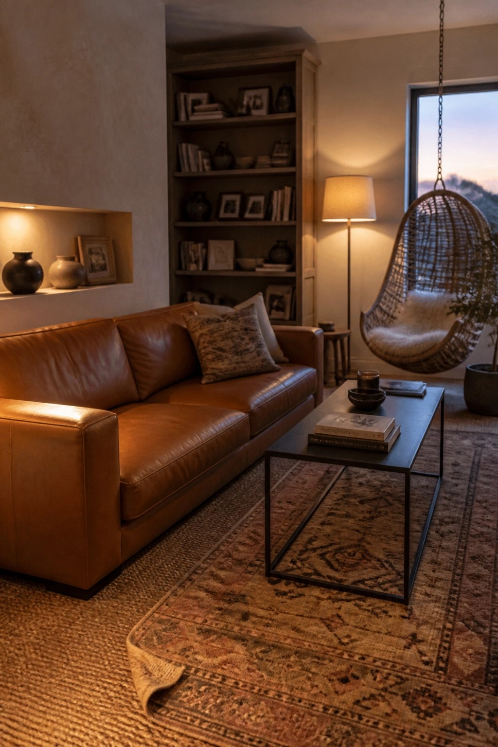 A living room with a brown leather sofa, a black metal frame coffee table holding stacked books, a patterned area rug, built-in bookshelves, and a hanging wicker chair beside a window.