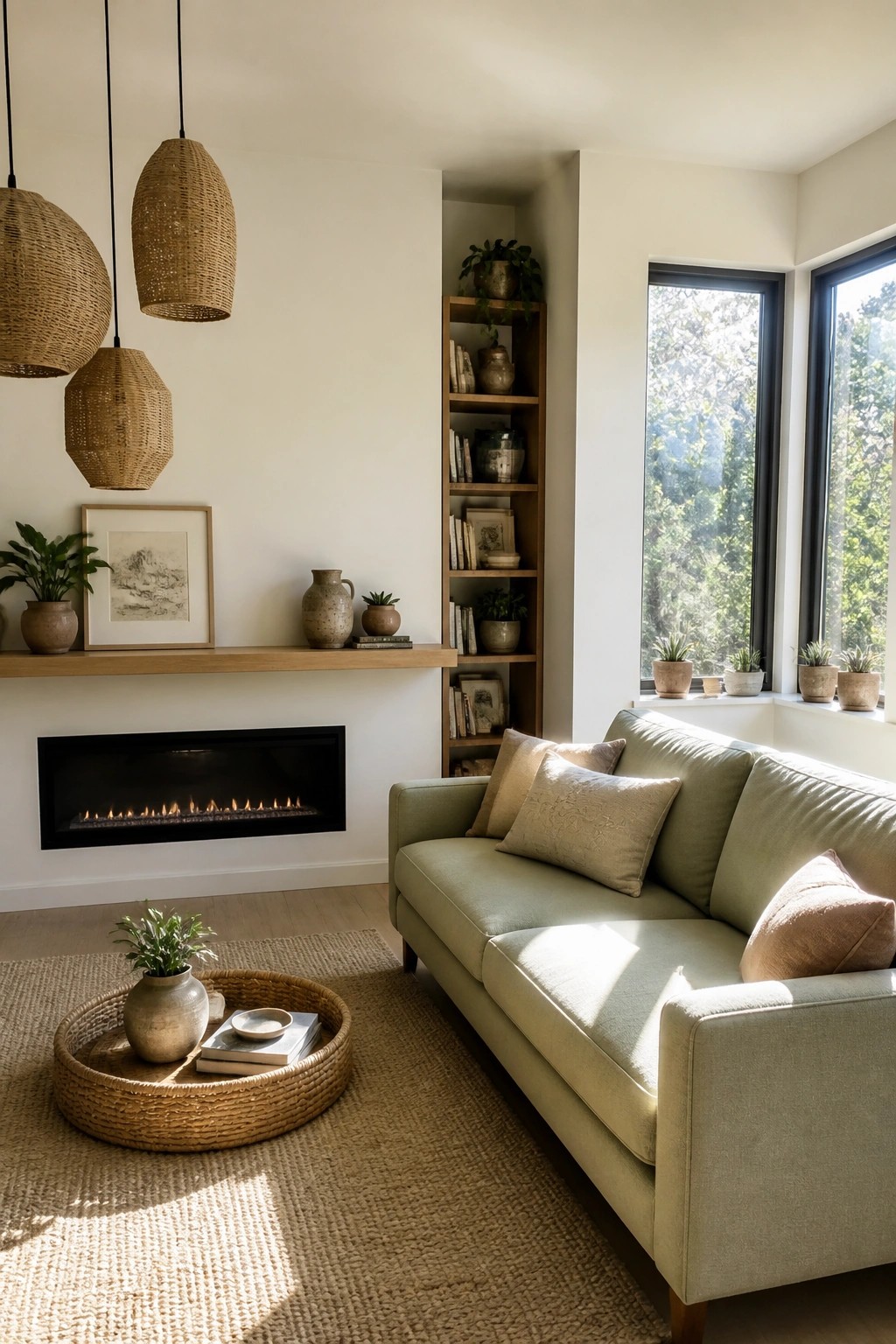 A living room with a light green clean-lined sofa, tall built-in wooden shelves filled with books and plants, a linear fireplace, and woven pendant lights over a jute rug.