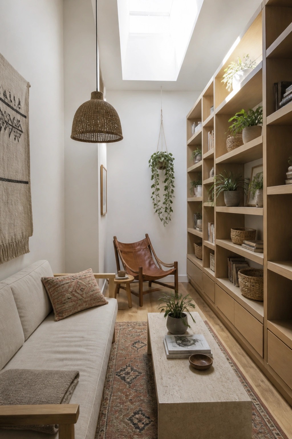 A narrow living room with a light fabric sofa, stone coffee table on a patterned rug, built-in light wood shelving filled with books and plants, a leather sling chair, and a skylight above.