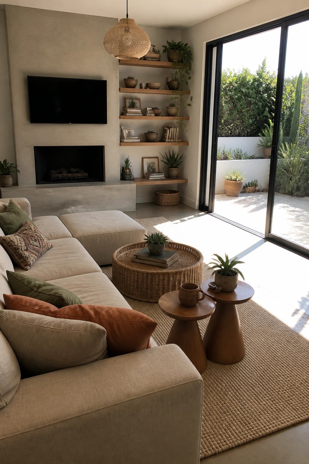 Modern living room with beige sectional sofa, rattan coffee table, wooden side tables, and fireplace.