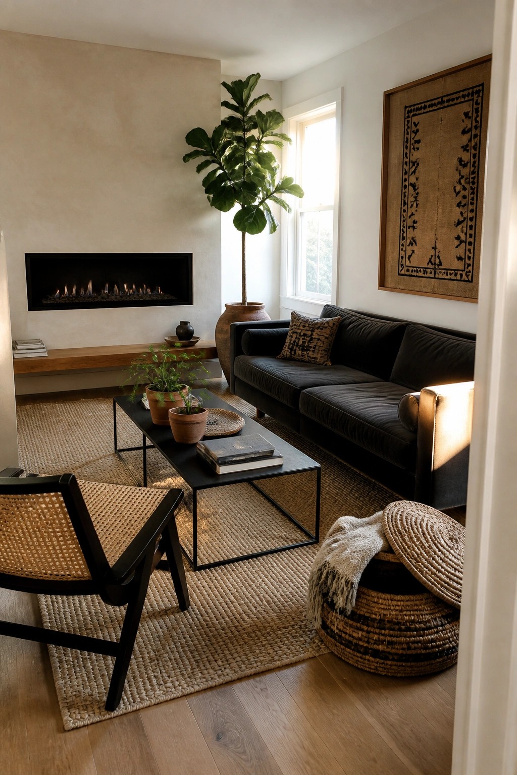 A living room featuring a black sofa, black coffee table, fireplace, jute rug, and woven basket on a wood floor.