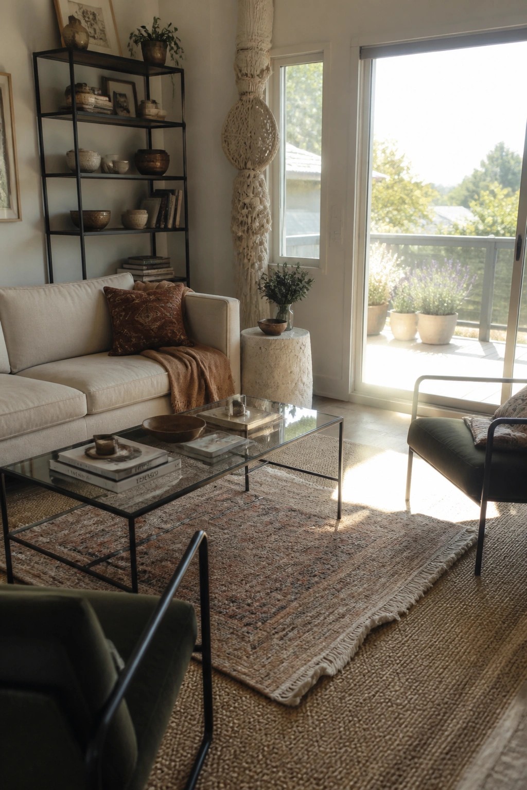 A bright living room with a light sofa, dark green chairs, a glass coffee table on a patterned rug, black metal shelves, and a large sliding glass door to a balcony.