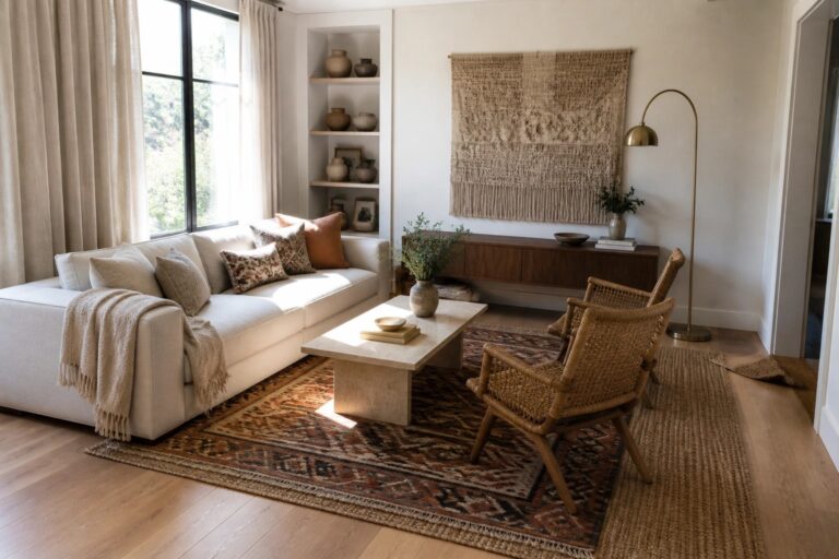 22 Modern Boho Living Room Decor Ideas Centered Around Clean-Lined Furniture A living room featuring a light beige sofa, two wooden woven chairs, a stone coffee table, and a large patterned area rug on hardwood flooring.