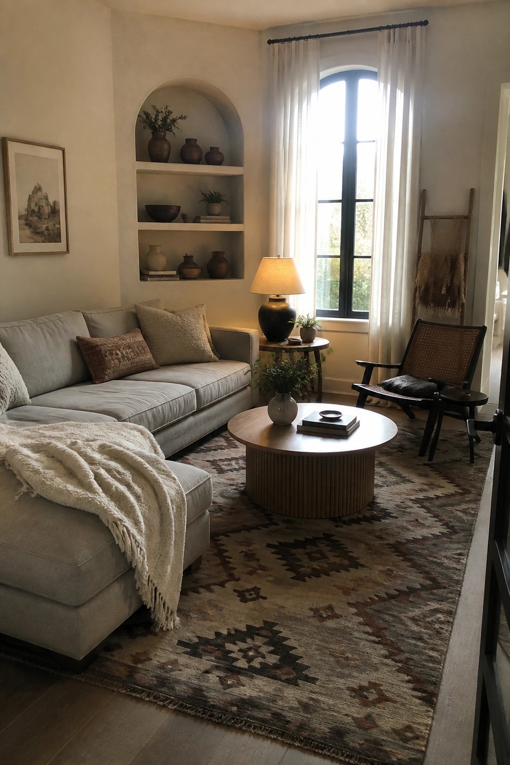 A modern living room featuring a light gray sectional sofa, round wooden coffee table on a large patterned area rug, built-in arched shelves with pottery, and a tall window with sheer curtains.