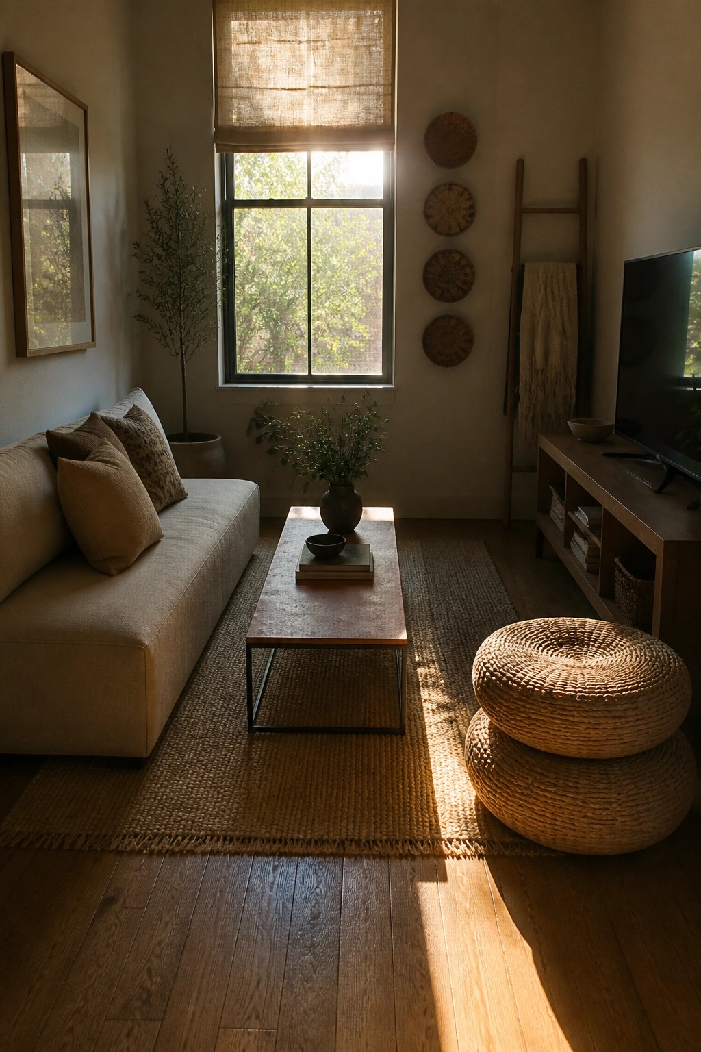 A modern living room with a beige sofa, rectangular coffee table on a jute rug, stacked woven ottomans, and a window with a rolled shade.