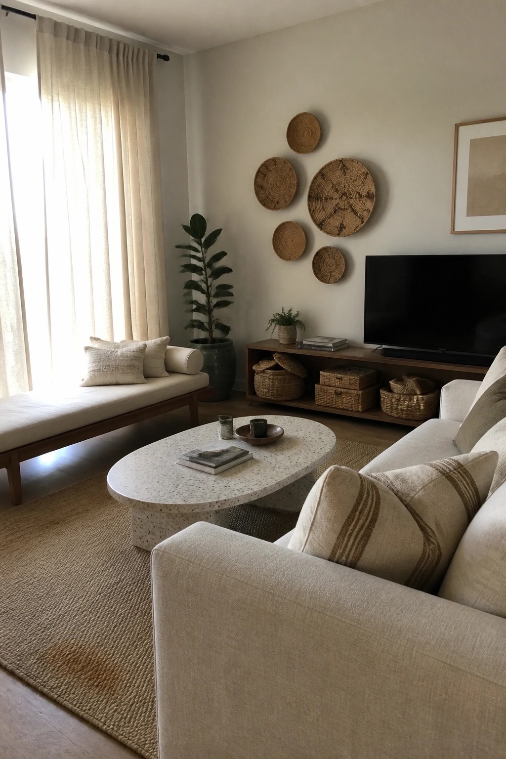 A living room with a light fabric sofa, oval terrazzo coffee table on a jute rug, woven wall baskets, and a wooden media console under a wall-mounted TV.