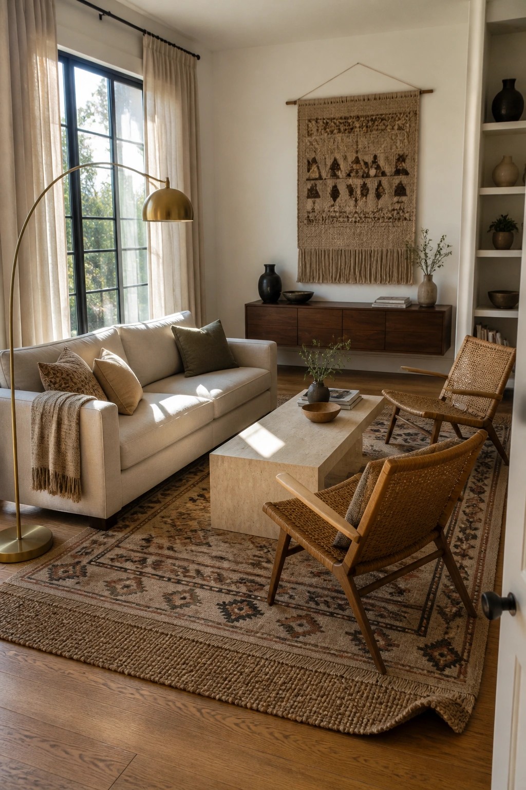 A living room featuring a light beige sofa, two wooden woven chairs, a stone coffee table, and a large patterned area rug on hardwood flooring.