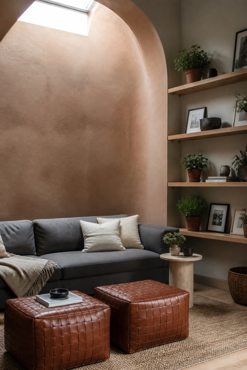 A gray sofa sits against a terracotta arched wall with two brown woven leather ottomans on a jute rug and wooden shelves holding plants and framed pictures.