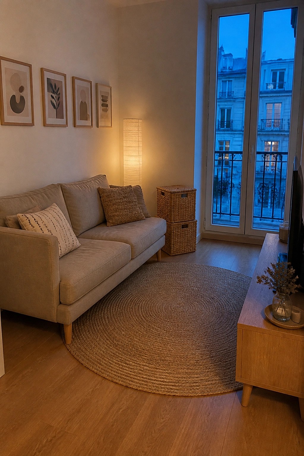 A living room corner with a beige sofa, round jute rug, floor lamp, woven baskets, and a large window overlooking buildings at dusk.