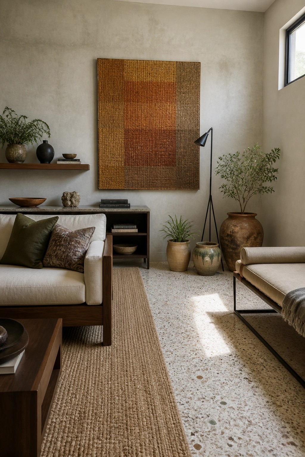 A living room with a white upholstered sofa on a dark wood frame, a large textured wall hanging above a low console, several terracotta pots with greenery, and a beige daybed on a terrazzo floor with a woven rug.