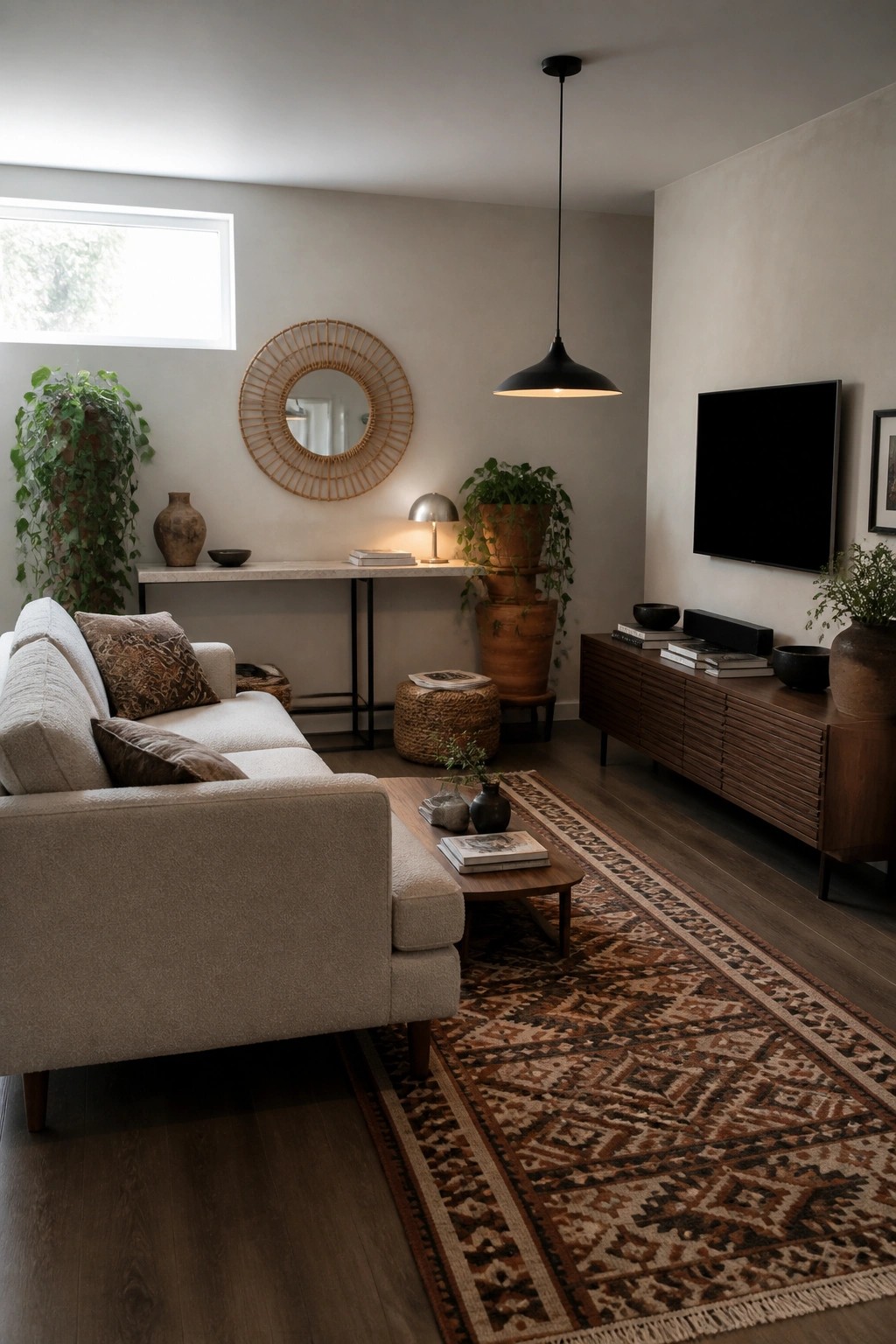 Living room with beige sofa, patterned rug, wooden furniture, plants, and pendant light