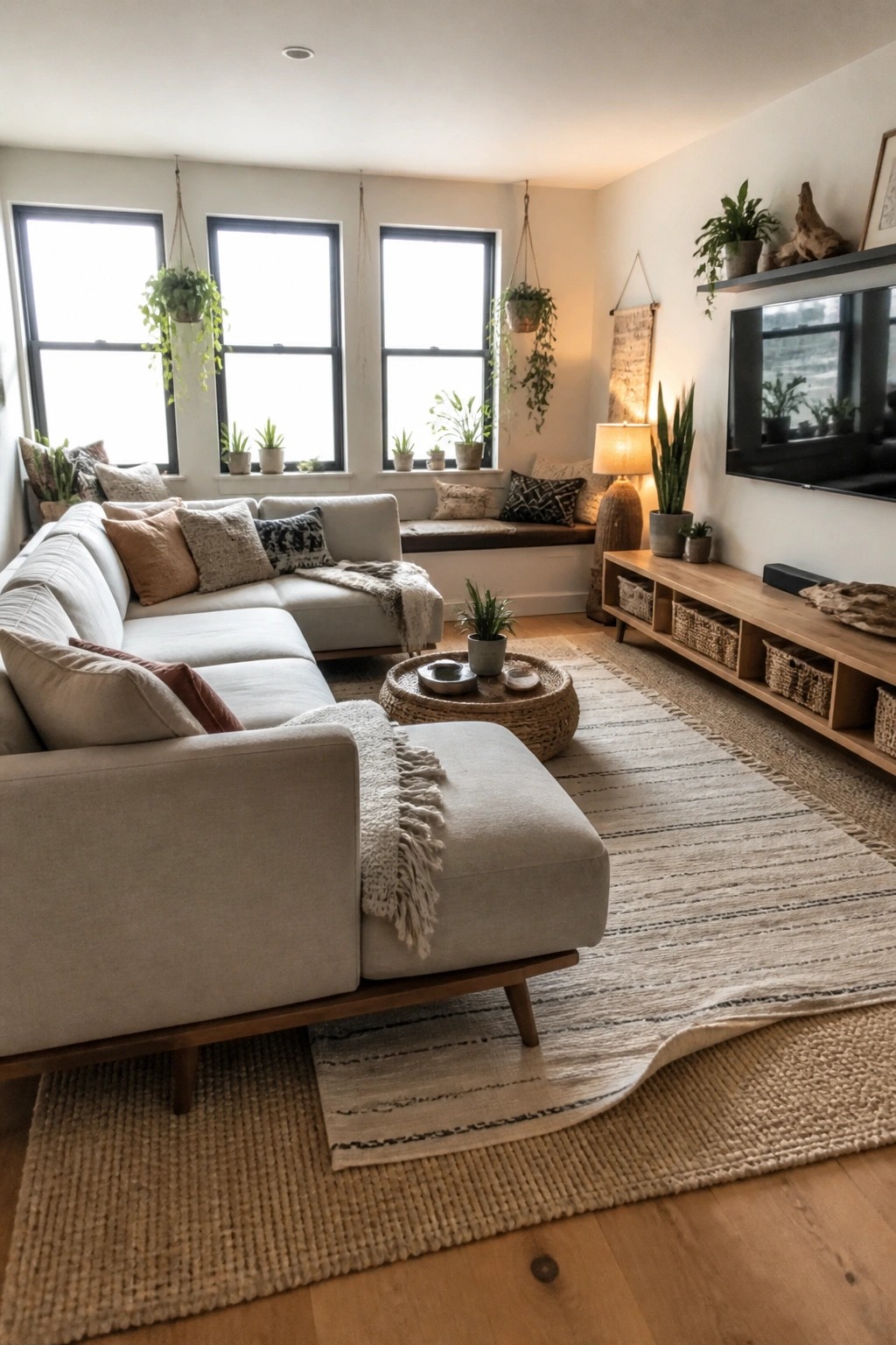 A bright living room featuring a light gray sectional sofa with wood legs, a round woven coffee table, a striped area rug, and large windows with hanging plants.