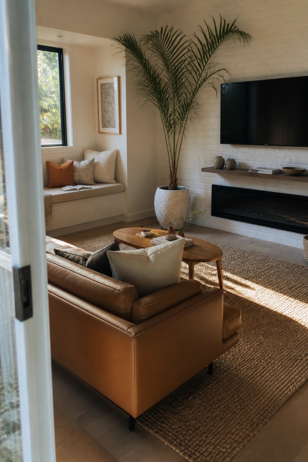 A living room featuring a brown leather sofa with clean lines positioned on a woven rug, facing a wall with a mounted television and fireplace, alongside a large potted palm plant.