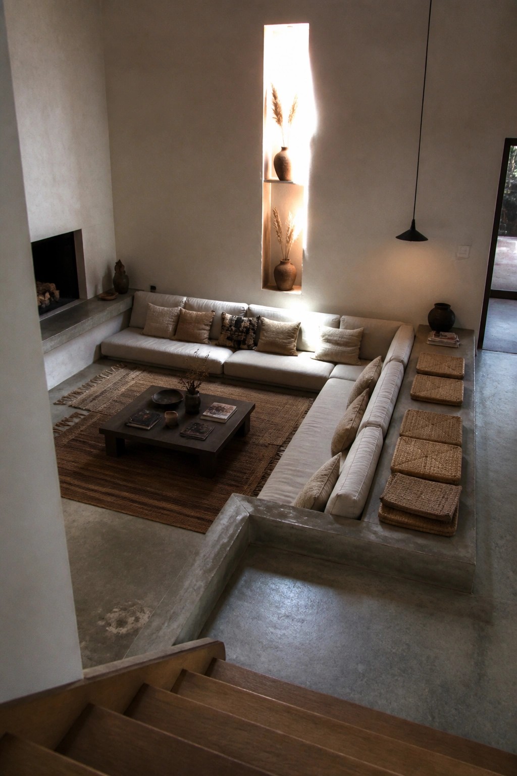 A modern living room with a large light-colored sectional sofa placed in a sunken concrete seating area, wooden stairs in the foreground, and a tall narrow window letting in sunlight.